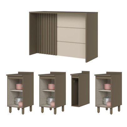 Bancada de Cozinha Kit Ilha Gourmet Connect 3 Portas Ripado Duna/Cristal - Henn