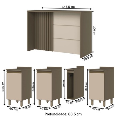 Bancada de Cozinha Kit Ilha Gourmet Connect 3 Portas Ripado Duna/Cristal - Henn