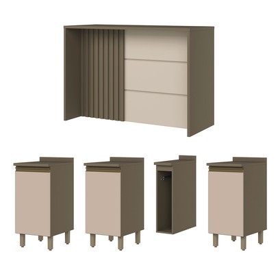 Bancada de Cozinha Kit Ilha Gourmet Connect 3 Portas Ripado Duna/Cristal - Henn