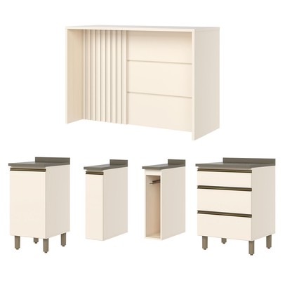 Bancada de Cozinha Kit Ilha Gourmet Condi Connect 2 Portas 3 Gavetas Ripado Duna/Off White - Henn