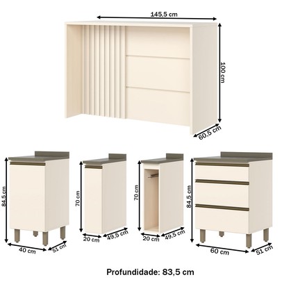 Bancada de Cozinha Kit Ilha Gourmet Condi Connect 2 Portas 3 Gavetas Ripado Duna/Off White - Henn