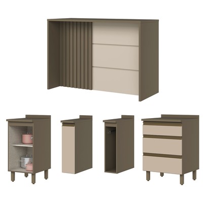 Bancada de Cozinha Kit Ilha Gourmet Condi Connect 2 Portas 3 Gavetas Ripado Duna/Cristal - Henn