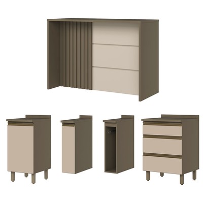 Bancada de Cozinha Kit Ilha Gourmet Condi Connect 2 Portas 3 Gavetas Ripado Duna/Cristal - Henn