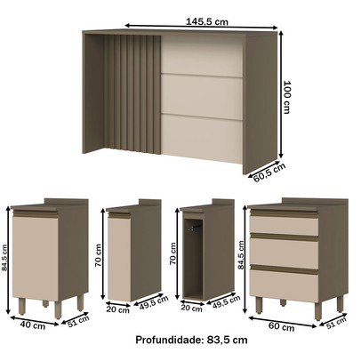 Bancada de Cozinha Kit Ilha Gourmet Condi Connect 2 Portas 3 Gavetas Ripado Duna/Cristal - Henn