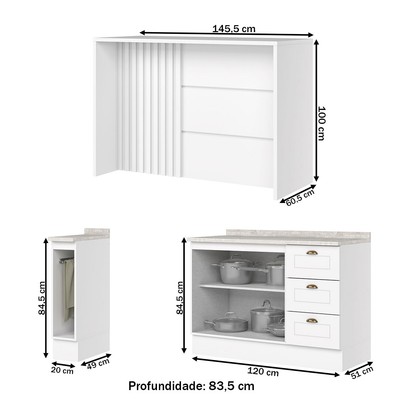 Bancada de Cozinha Kit Ilha Gourmet Americana 2 Portas 3 Gavetas Ripado Branco - Henn