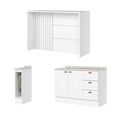 Bancada de Cozinha Kit Ilha Gourmet Americana 2 Portas 3 Gavetas Ripado Branco - Henn