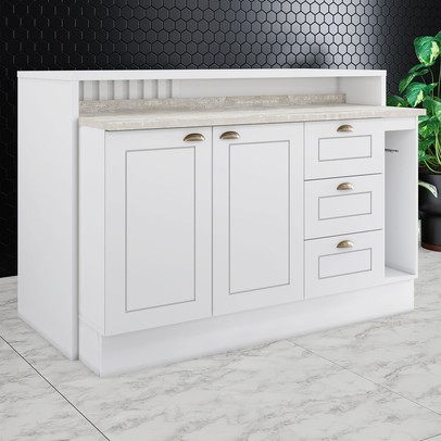 Bancada de Cozinha Kit Ilha Gourmet Americana 2 Portas 3 Gavetas Ripado Branco - Henn