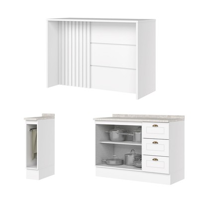 Bancada de Cozinha Kit Ilha Gourmet Americana 2 Portas 3 Gavetas Ripado Branco - Henn