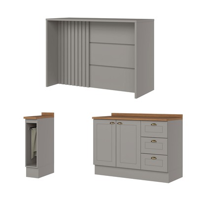 Bancada de Cozinha Kit Ilha Gourmet Americana 2 Portas 3 Gavetas Ripado Nature/Cinza - Henn