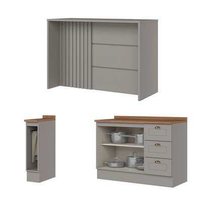 Bancada de Cozinha Kit Ilha Gourmet Americana 2 Portas 3 Gavetas Ripado Nature/Cinza - Henn