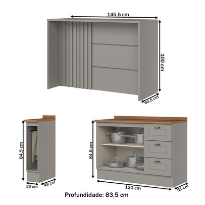 Bancada de Cozinha Kit Ilha Gourmet Americana 2 Portas 3 Gavetas Ripado Nature/Cinza - Henn