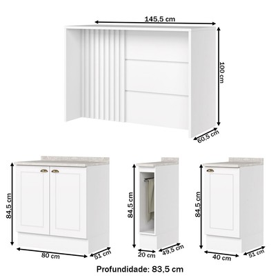 Bancada de Cozinha Kit Ilha Gourmet Americana 3 Portas Ripado Branco - Henn