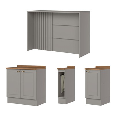 Bancada de Cozinha Kit Ilha Gourmet Americana 3 Portas Ripado Nature/Cinza - Henn