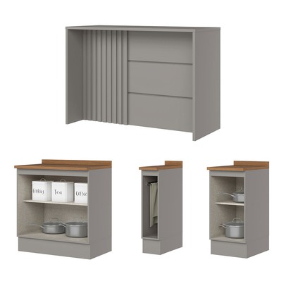 Bancada de Cozinha Kit Ilha Gourmet Americana 3 Portas Ripado Nature/Cinza - Henn