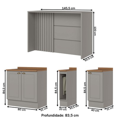 Bancada de Cozinha Kit Ilha Gourmet Americana 3 Portas Ripado Nature/Cinza - Henn