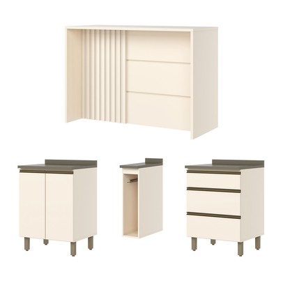 Bancada de Cozinha Kit Ilha Gourmet Connect 2 Portas 3 Gavetas Ripado Ce814 Duna/Off White - Henn