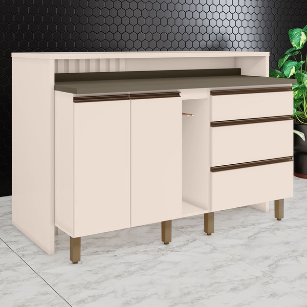 Bancada de Cozinha Kit Ilha Gourmet Connect 2 Portas 3 Gavetas Ripado Ce814 Duna/Off White - Henn