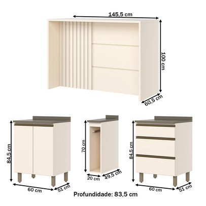 Bancada de Cozinha Kit Ilha Gourmet Connect 2 Portas 3 Gavetas Ripado Ce814 Duna/Off White - Henn