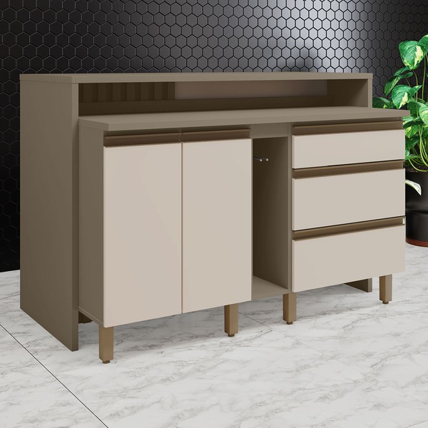 Bancada de Cozinha Kit Ilha Gourmet Connect 2 Portas 3 Gavetas Ripado Ce814 Duna/Cristal - Henn