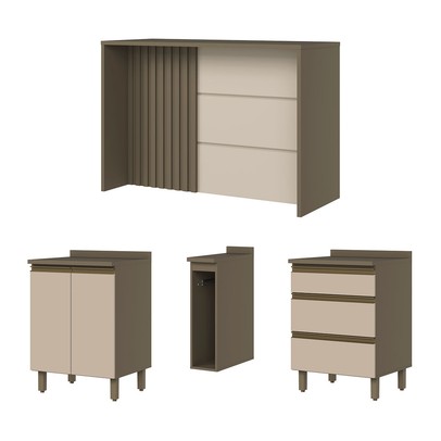 Bancada de Cozinha Kit Ilha Gourmet Connect 2 Portas 3 Gavetas Ripado Ce814 Duna/Cristal - Henn