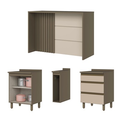 Bancada de Cozinha Kit Ilha Gourmet Connect 2 Portas 3 Gavetas Ripado Ce814 Duna/Cristal - Henn