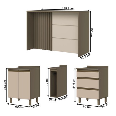 Bancada de Cozinha Kit Ilha Gourmet Connect 2 Portas 3 Gavetas Ripado Ce814 Duna/Cristal - Henn