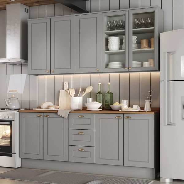 Cozinha Completa Americana 9 Portas 3 Gavetas com Vidro 100% Mdf Cinza - Henn