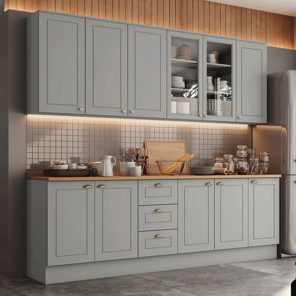 Cozinha Completa Americana 11 Portas 3 Gavetas com Vidro 100% Mdf Cinza - Henn