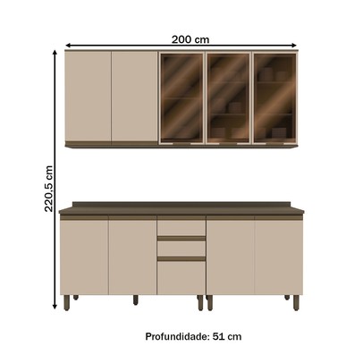 Cozinha Compacta Reflecta 10 Portas 2 Gavetas com Vidro 100% Mdf Duna/Cristal - Henn