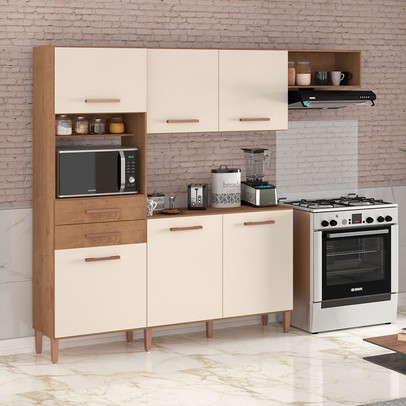 Cozinha Completa Salinas Top 6 Portas 2 Gavetas Canelato Rústico/Natura/Off White - Atualle Móveis