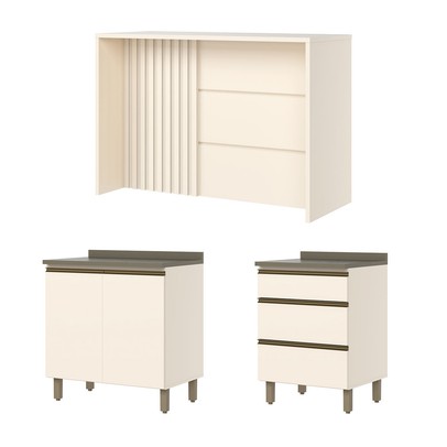 Bancada de Cozinha Kit Ilha Gourmet Connect 2 Portas 3 Gavetas Ripado Duna/Off White - Henn