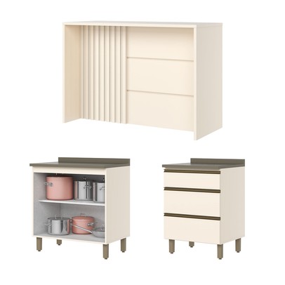 Bancada de Cozinha Kit Ilha Gourmet Connect 2 Portas 3 Gavetas Ripado Duna/Off White - Henn