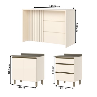 Bancada de Cozinha Kit Ilha Gourmet Connect 2 Portas 3 Gavetas Ripado Duna/Off White - Henn