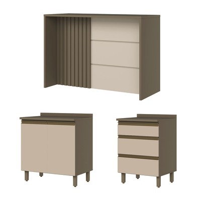 Bancada de Cozinha Kit Ilha Gourmet Connect 2 Portas 3 Gavetas Ripado Duna/Cristal - Henn