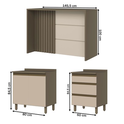 Bancada de Cozinha Kit Ilha Gourmet Connect 2 Portas 3 Gavetas Ripado Duna/Cristal - Henn