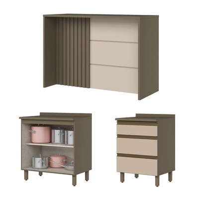 Bancada de Cozinha Kit Ilha Gourmet Connect 2 Portas 3 Gavetas Ripado Duna/Cristal - Henn