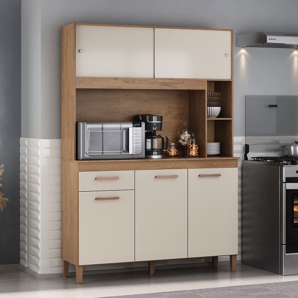 Cozinha Compacta Ceara 5 Portas 1 Gaveta Canelato Rústico/Natura Off White - Atualle Móveis