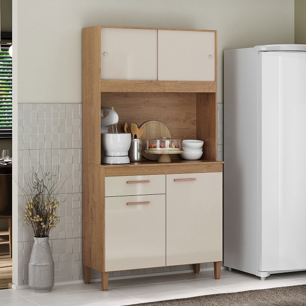 Cozinha Compacta Ceara 4 Portas 1 Gaveta Canelato Rústico/Natura Off White - Atualle Móveis