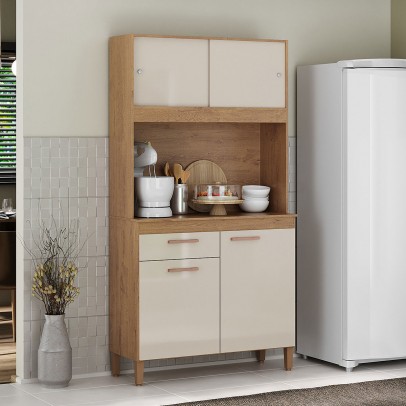 Cozinha Compacta Ceara 4 Portas 1 Gaveta Canelato Rústico/Natura Off White - Atualle Móveis