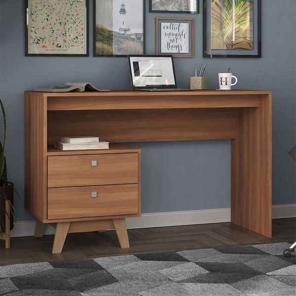 Mesa Escrivaninha Doha 2 Gavetas 120 Cm Nogal - Hecol Móveis