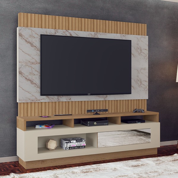 Estante para TV Até 65 Polegadas Toronto 1 Porta Ripado 3d com Espelho Canelato/Gratino/Off White - Atualle Móveis