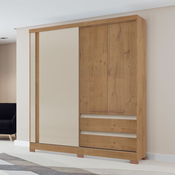 Guarda-Roupa Solteiro Condor 3 Portas 2 Gavetas Ripado 3d Flex Canelato/Natura/Off White - Atualle Móveis