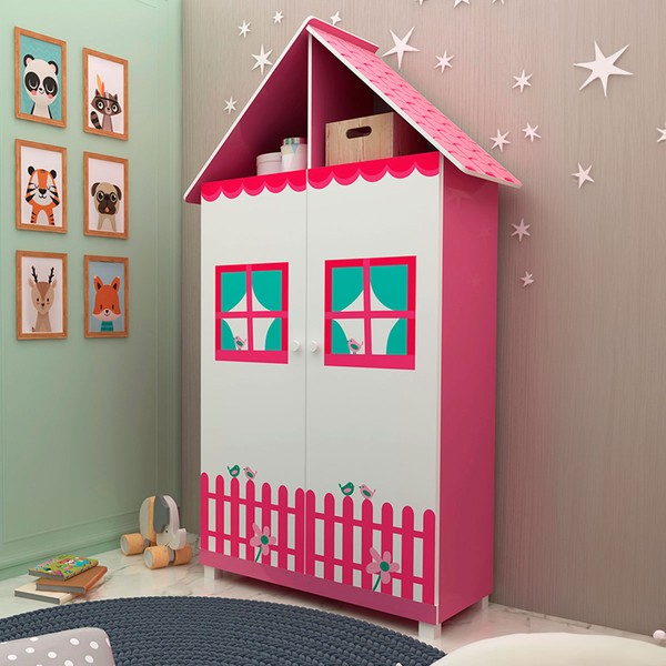Guarda-Roupa Infantil Casinha 2 Portas 2 Gavetas 100% Mdf Pink/Branco - Gelius