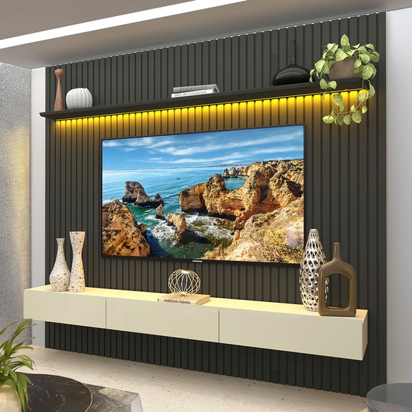 Painel para TV Até 85 Polegadas Nobre 3 Gavetas Ripado 100% Mdf Grafite/Off White - Gelius