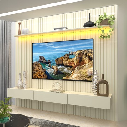 Painel para TV Até 85 Polegadas Nobre 3 Gavetas Ripado 100% Mdf Off White - Gelius