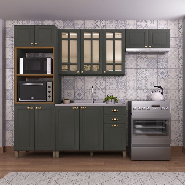Cozinha Completa Firenze 12 Portas 2 Gavetas com Vidro 6171.132 Chumbo - Indekes