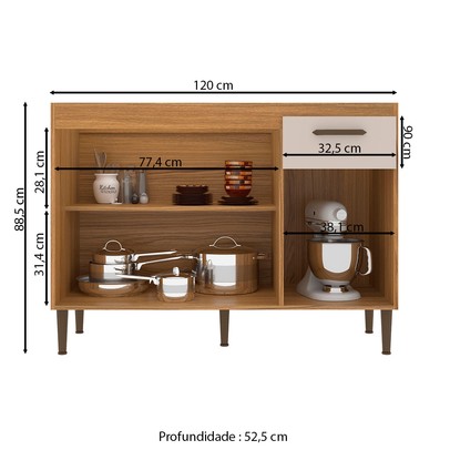Balcão de Cozinha para Pia 120 Cm 3 Portas 1 Gaveta Ipê/Cristalo - Decibal