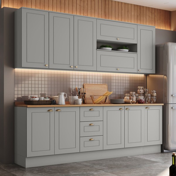 Cozinha Compacta Americana 11 Portas 3 Gavetas 100% Mdf Cinza - Henn