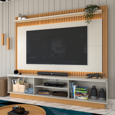 Estante para TV Até 75 Polegadas Cine 2 Portas com Led Nature/Off White - Panorama Móveis