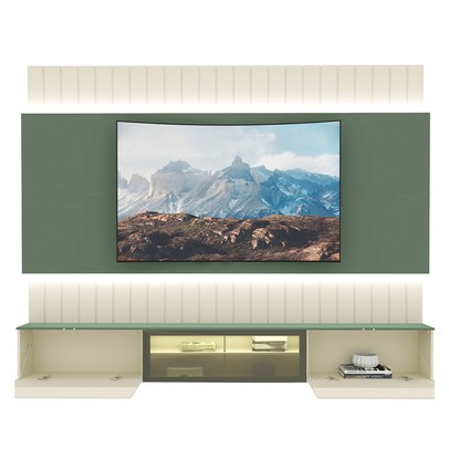 Painel para TV 85 Polegadas Soberano 3 Portas 100% Mdf com Led Off White/Verde - Gelius